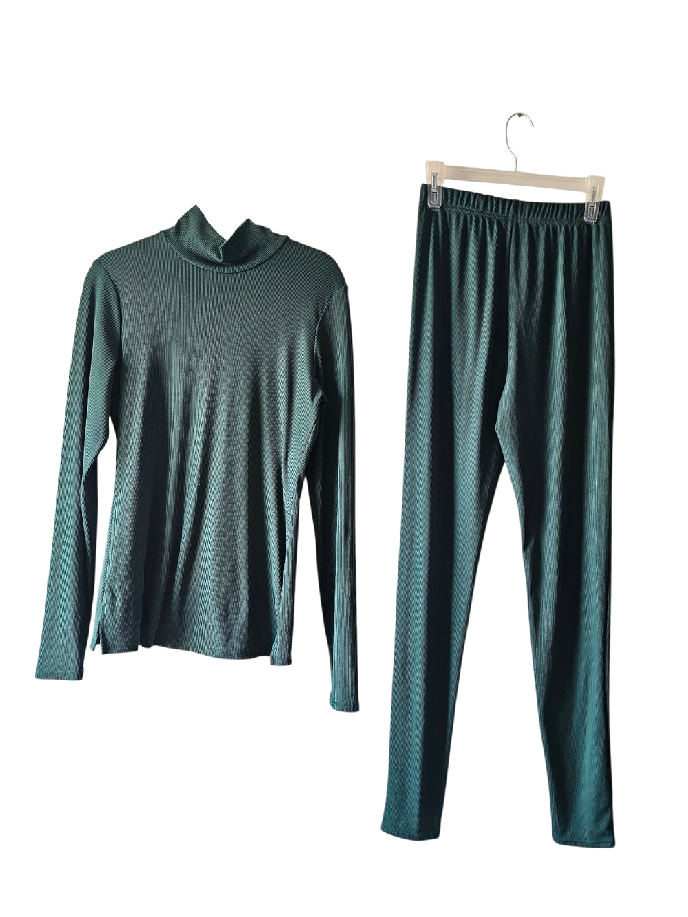 Green Ribbed Two-Piece Top and Leggings Set